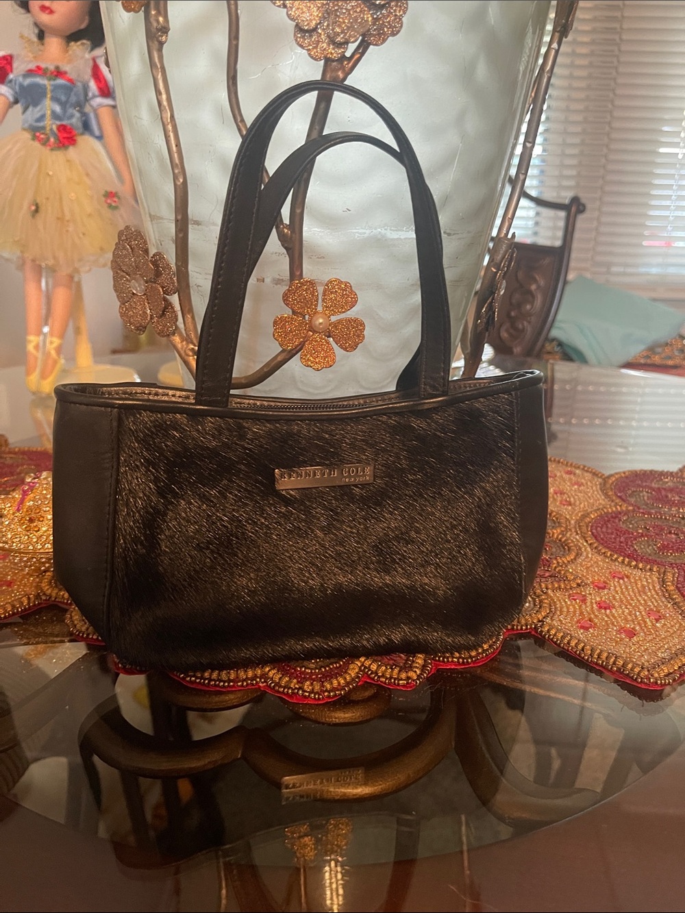 Kenneth Cole Black Haircalf Mini Tote with Leather Trim